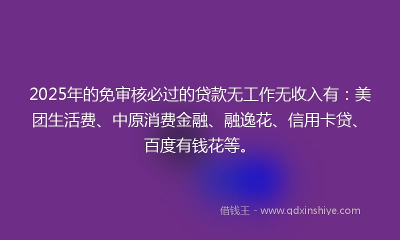 2025年的免审核必过的贷款无工作无收入有：美团生活费、中原消费金融、融逸花、信用卡贷、百度有钱花等。