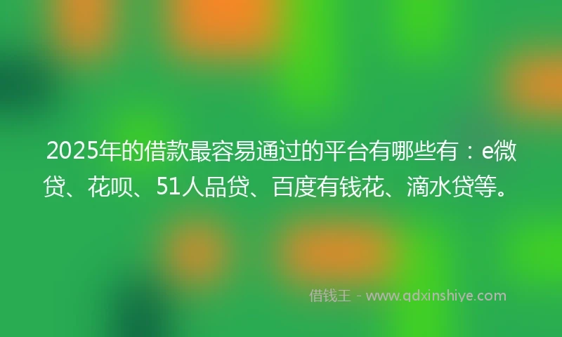 2025年的借款最容易通过的平台有哪些有：e微贷、花呗、51人品贷、百度有钱花、滴水贷等。