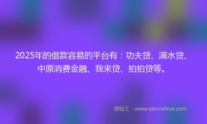 2025年的借款容易的平台有：功夫贷、滴水贷、中原消费金融、我来贷、拍拍贷等。