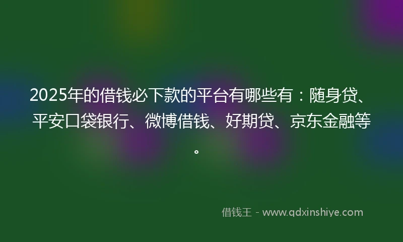 2025年的借钱必下款的平台有哪些有：随身贷、平安口袋银行、微博借钱、好期贷、京东金融等。