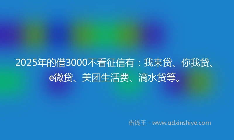 2025年的借3000不看征信有：我来贷、你我贷、e微贷、美团生活费、滴水贷等。