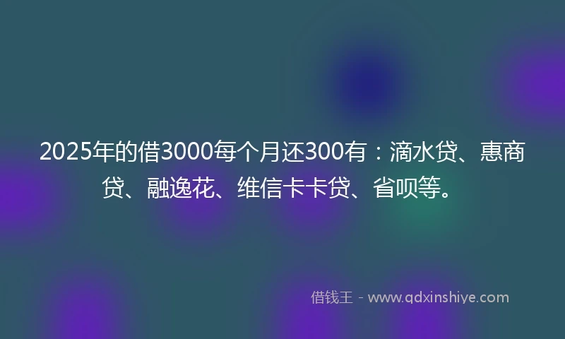 2025年的借3000每个月还300有：滴水贷、惠商贷、融逸花、维信卡卡贷、省呗等。