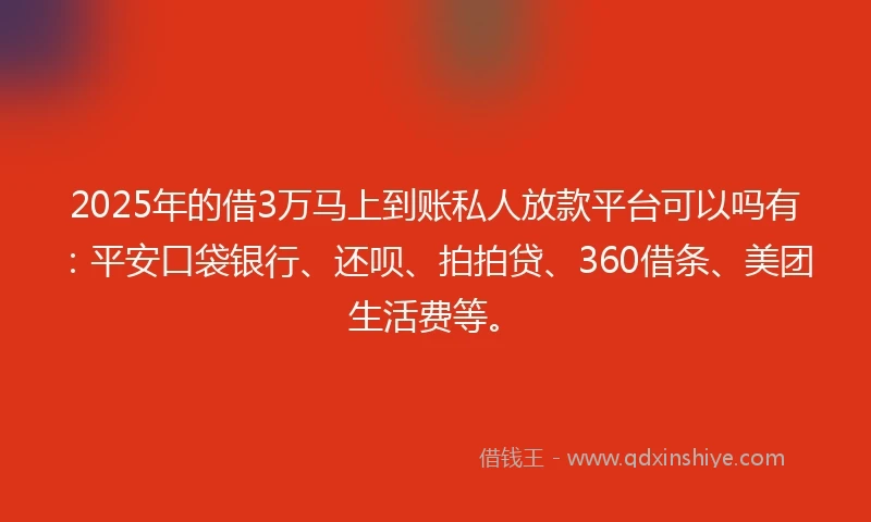 2025年的借3万马上到账私人放款平台可以吗有：平安口袋银行、还呗、拍拍贷、360借条、美团生活费等。