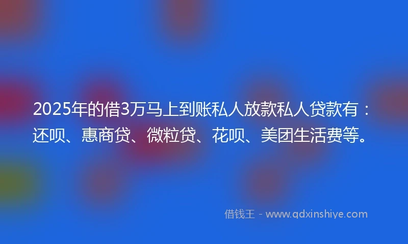 2025年的借3万马上到账私人放款私人贷款有：还呗、惠商贷、微粒贷、花呗、美团生活费等。