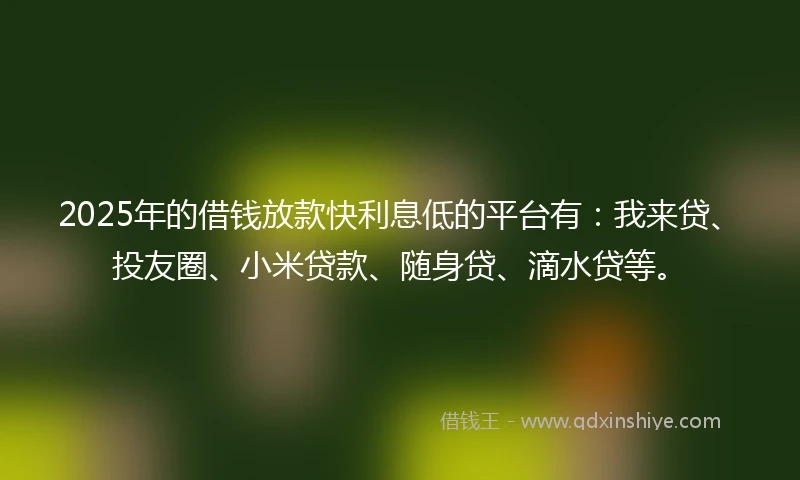 2025年的借钱放款快利息低的平台有：我来贷、投友圈、小米贷款、随身贷、滴水贷等。