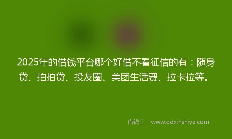 2025年的借钱平台哪个好借不看征信的有：随身贷、拍拍贷、投友圈、美团生活费、拉卡拉等。