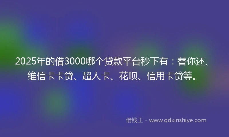 2025年的借3000哪个贷款平台秒下有:替你还、维信卡卡贷、超人卡、花呗、信用卡贷等。