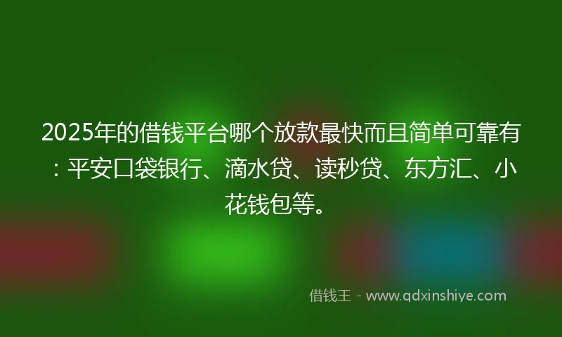 2025年的借钱平台哪个放款最快而且简单可靠有：平安口袋银行、滴水贷、读秒贷、东方汇、小花钱包等。