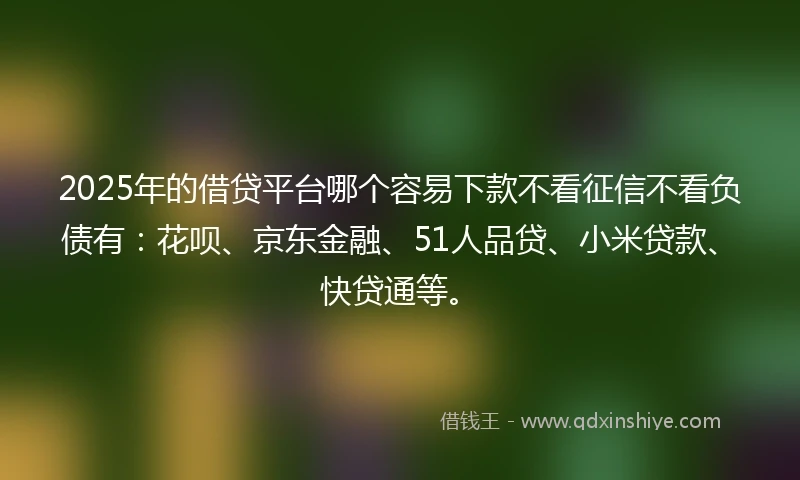 2025年的借贷平台哪个容易下款不看征信不看负债有：花呗、京东金融、51人品贷、小米贷款、快贷通等。