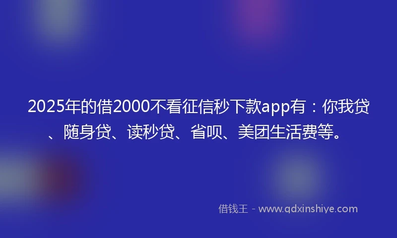 2025年的借2000不看征信秒下款app有：你我贷、随身贷、读秒贷、省呗、美团生活费等。