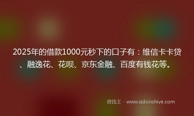 2025年的借款1000元秒下的口子有：维信卡卡贷、融逸花、花呗、京东金融、百度有钱花等。