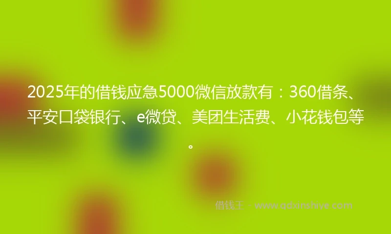 2025年的借钱应急5000微信放款有：360借条、平安口袋银行、e微贷、美团生活费、小花钱包等。