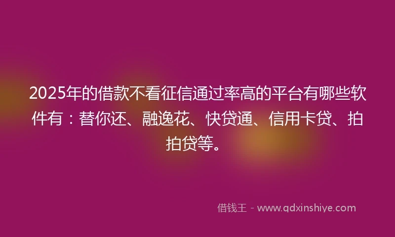 2025年的借款不看征信通过率高的平台有哪些软件有：替你还、融逸花、快贷通、信用卡贷、拍拍贷等。