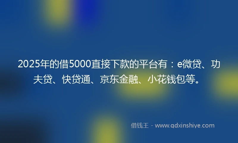 2025年的借5000直接下款的平台有：e微贷、功夫贷、快贷通、京东金融、小花钱包等。