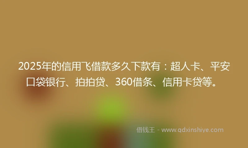 2025年的信用飞借款多久下款有:超人卡、平安口袋银行、拍拍贷、360借条、信用卡贷等。
