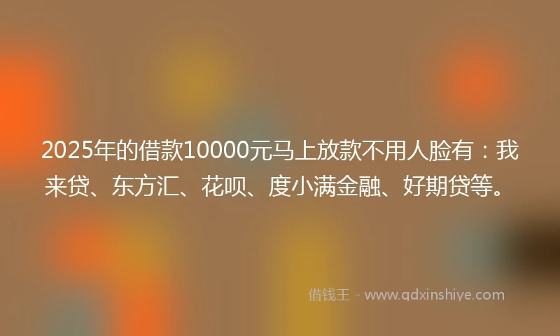 2025年的借款10000元马上放款不用人脸有：我来贷、东方汇、花呗、度小满金融、好期贷等。