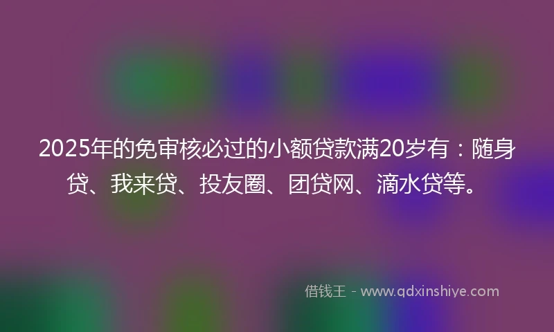 2025年的免审核必过的小额贷款满20岁有：随身贷、我来贷、投友圈、团贷网、滴水贷等。