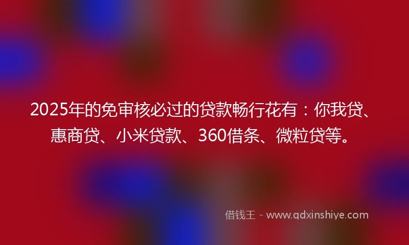 2025年的免审核必过的贷款畅行花有：你我贷、惠商贷、小米贷款、360借条、微粒贷等。
