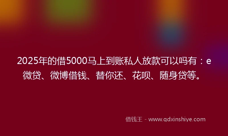 2025年的借5000马上到账私人放款可以吗有：e微贷、微博借钱、替你还、花呗、随身贷等。