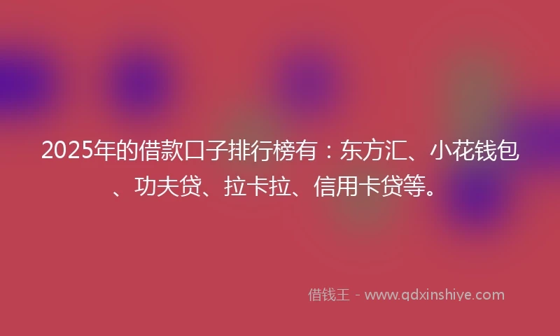 2025年的借款口子排行榜有：东方汇、小花钱包、功夫贷、拉卡拉、信用卡贷等。