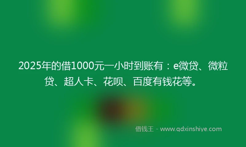 2025年的借1000元一小时到账有：e微贷、微粒贷、超人卡、花呗、百度有钱花等。