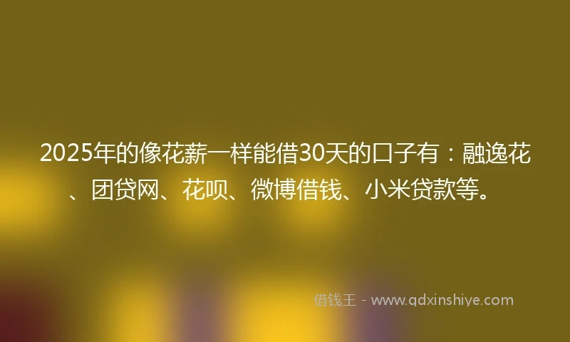 2025年的像花薪一样能借30天的口子有：融逸花、团贷网、花呗、微博借钱、小米贷款等。
