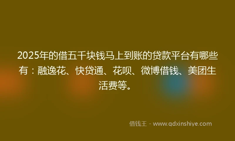 2025年的借五千块钱马上到账的贷款平台有哪些有：融逸花、快贷通、花呗、微博借钱、美团生活费等。
