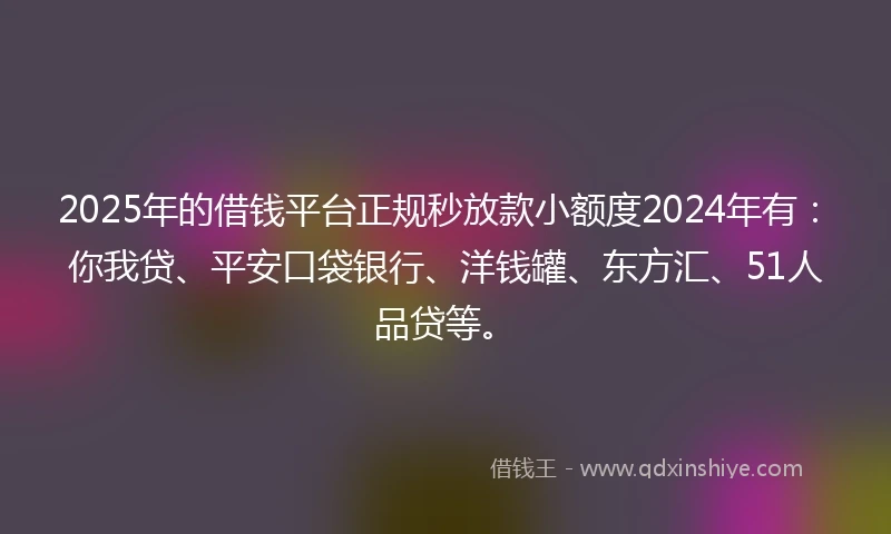 2025年的借钱平台正规秒放款小额度2024年有：你我贷、平安口袋银行、洋钱罐、东方汇、51人品贷等。