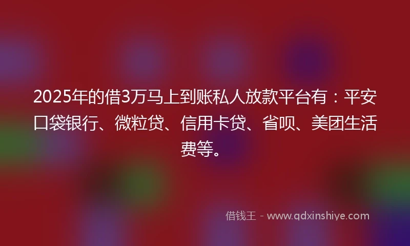 2025年的借3万马上到账私人放款平台有：平安口袋银行、微粒贷、信用卡贷、省呗、美团生活费等。