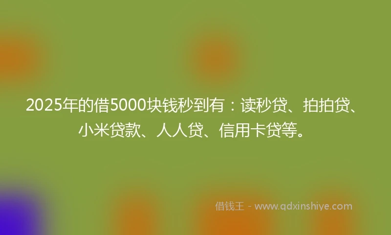 2025年的借5000块钱秒到有:读秒贷、拍拍贷、小米贷款、人人贷、信用卡贷等。