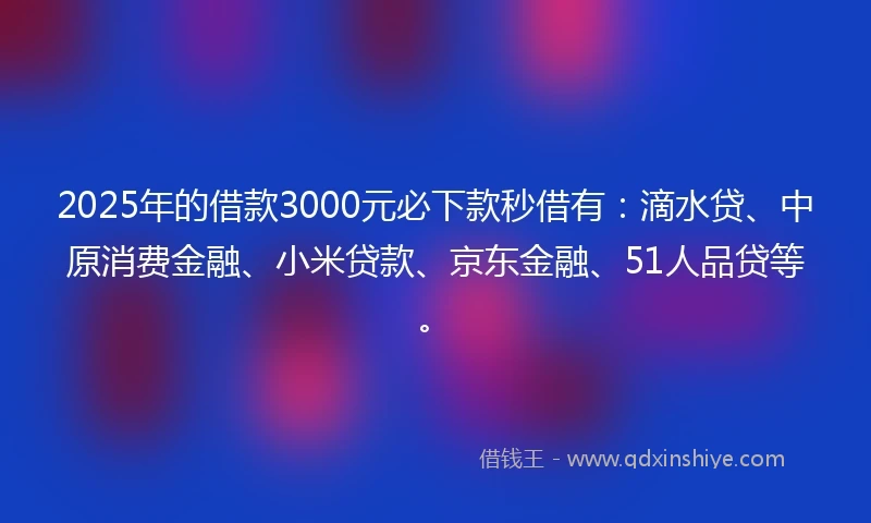 2025年的借款3000元必下款秒借有：滴水贷、中原消费金融、小米贷款、京东金融、51人品贷等。