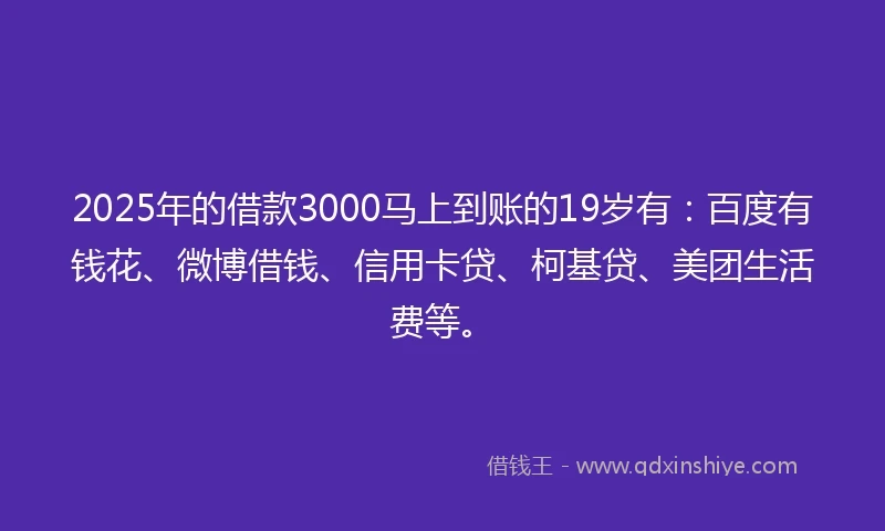 2025年的借款3000马上到账的19岁有：百度有钱花、微博借钱、信用卡贷、柯基贷、美团生活费等。