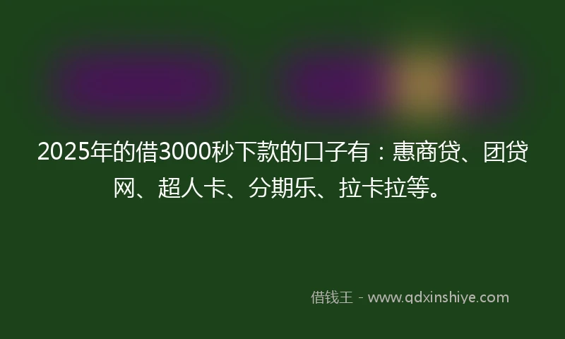 2025年的借3000秒下款的口子有：惠商贷、团贷网、超人卡、分期乐、拉卡拉等。