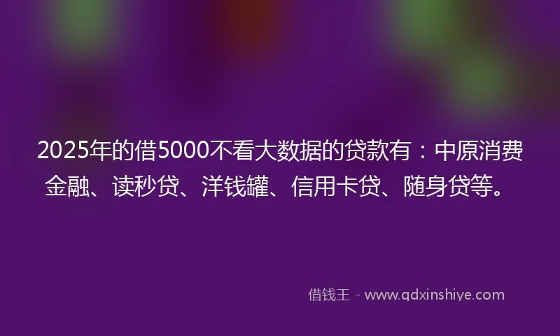 2025年的借5000不看大数据的贷款有：中原消费金融、读秒贷、洋钱罐、信用卡贷、随身贷等。