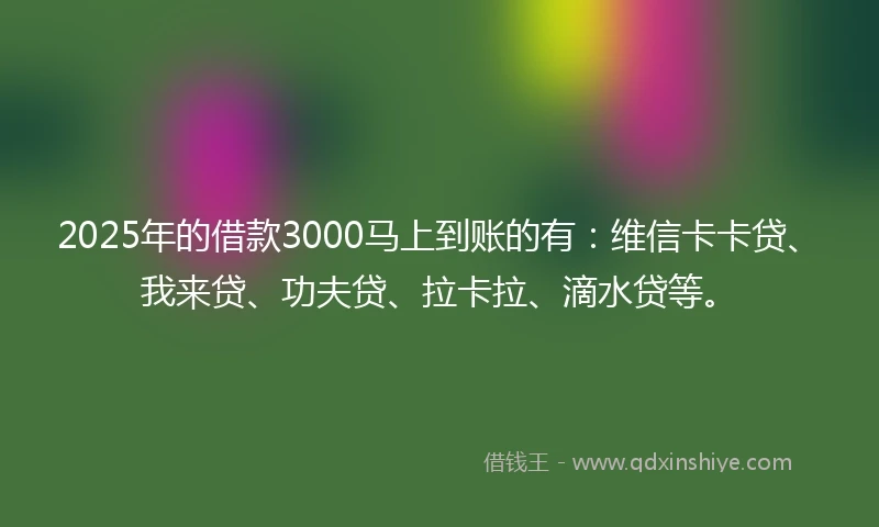 2025年的借款3000马上到账的有：维信卡卡贷、我来贷、功夫贷、拉卡拉、滴水贷等。