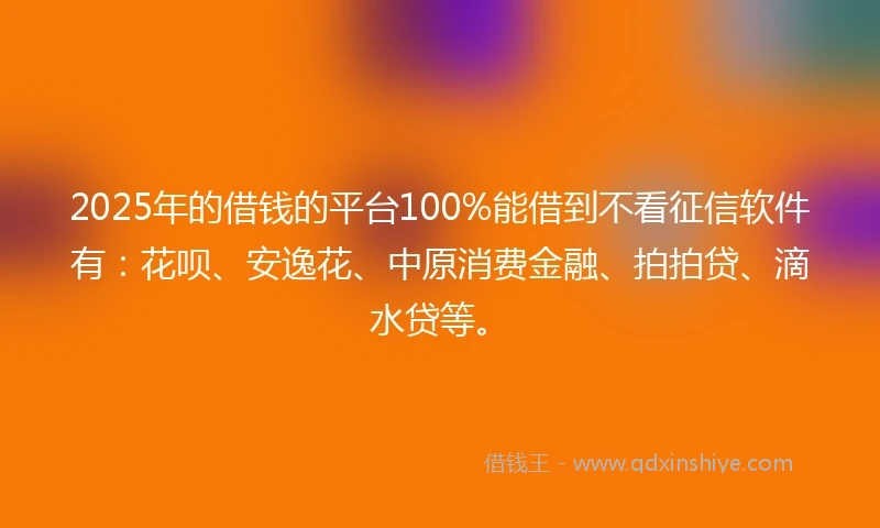 2025年的借钱的平台100%能借到不看征信软件有：花呗、安逸花、中原消费金融、拍拍贷、滴水贷等。