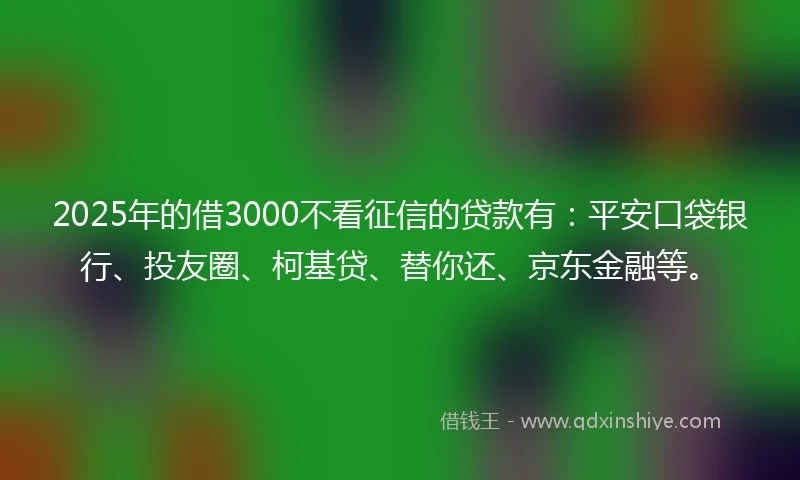 2025年的借3000不看征信的贷款有：平安口袋银行、投友圈、柯基贷、替你还、京东金融等。