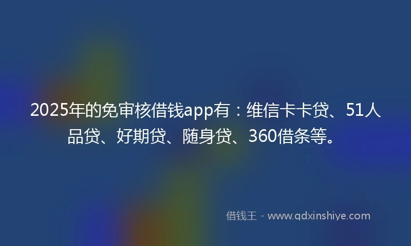 2025年的免审核借钱app有：维信卡卡贷、51人品贷、好期贷、随身贷、360借条等。
