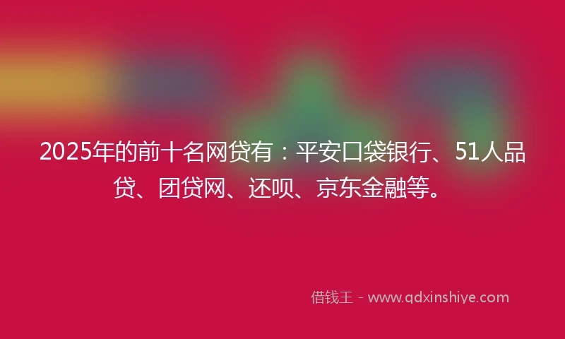 2025年的前十名网贷有：平安口袋银行、51人品贷、团贷网、还呗、京东金融等。