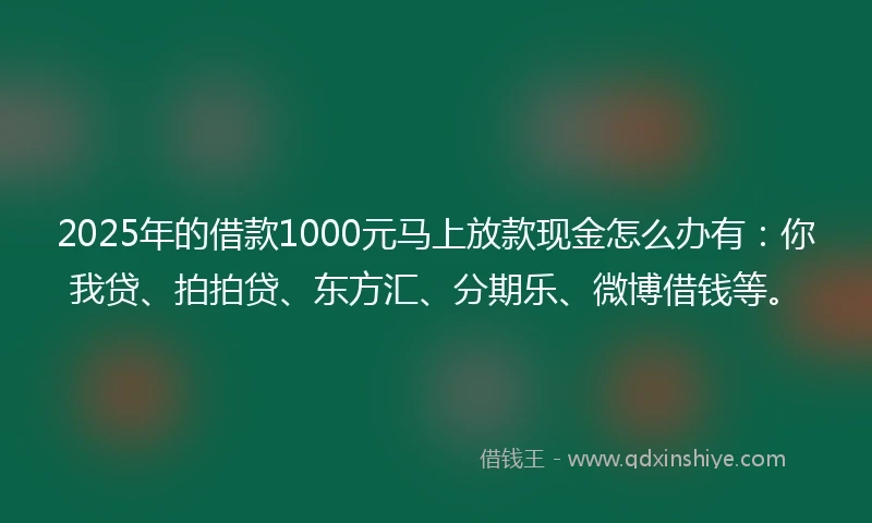 2025年的借款1000元马上放款现金怎么办有：你我贷、拍拍贷、东方汇、分期乐、微博借钱等。