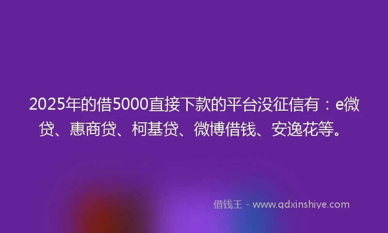 2025年的借5000直接下款的平台没征信有：e微贷、惠商贷、柯基贷、微博借钱、安逸花等。