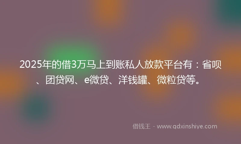 2025年的借3万马上到账私人放款平台有:省呗、团贷网、e微贷、洋钱罐、微粒贷等。
