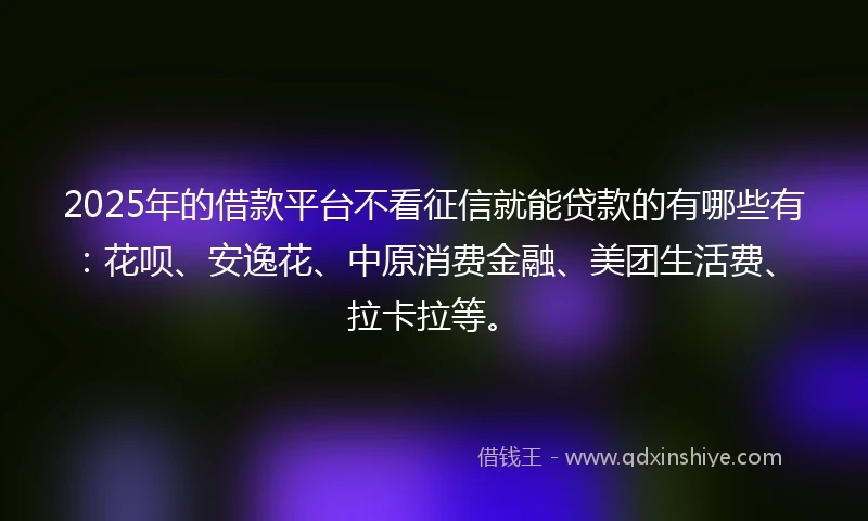 2025年的借款平台不看征信就能贷款的有哪些有：花呗、安逸花、中原消费金融、美团生活费、拉卡拉等。