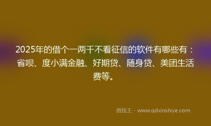 2025年的借个一两千不看征信的软件有哪些有：省呗、度小满金融、好期贷、随身贷、美团生活费等。