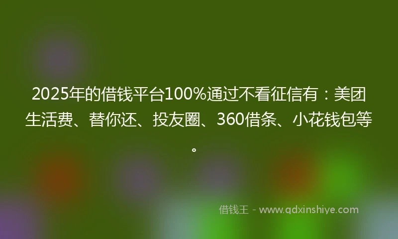 2025年的借钱平台100%通过不看征信有：美团生活费、替你还、投友圈、360借条、小花钱包等。