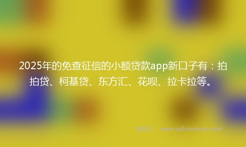2025年的免查征信的小额贷款app新口子有：拍拍贷、柯基贷、东方汇、花呗、拉卡拉等。