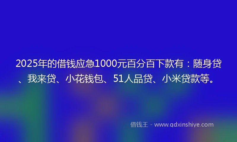 2025年的借钱应急1000元百分百下款有：随身贷、我来贷、小花钱包、51人品贷、小米贷款等。