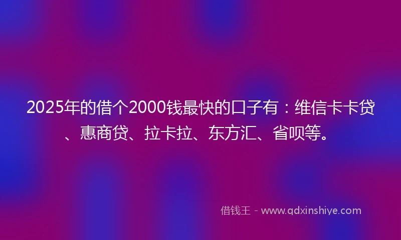 2025年的借个2000钱最快的口子有：维信卡卡贷、惠商贷、拉卡拉、东方汇、省呗等。
