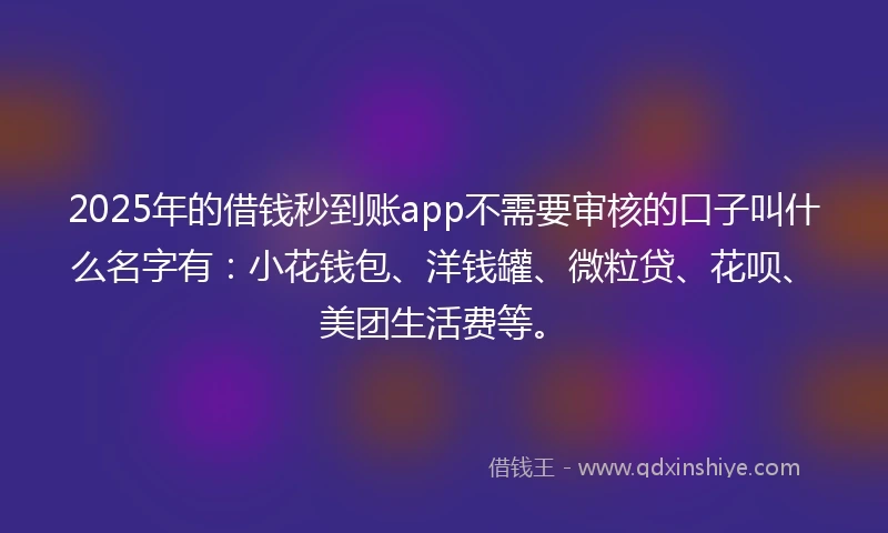 2025年的借钱秒到账app不需要审核的口子叫什么名字有：小花钱包、洋钱罐、微粒贷、花呗、美团生活费等。