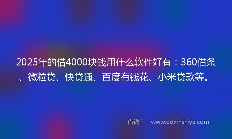 2025年的借4000块钱用什么软件好有：360借条、微粒贷、快贷通、百度有钱花、小米贷款等。